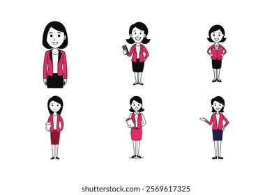 "Set of Businesswomen in Different Poses – Stylish and Modern Character Icons for Workplace Themes"