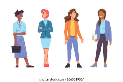 Set of businesswomen of different races isolated flat cartoon characters. Vector afro american caucasian multinational females in casual cloth, office workers l people, entrepreneurs colleagues