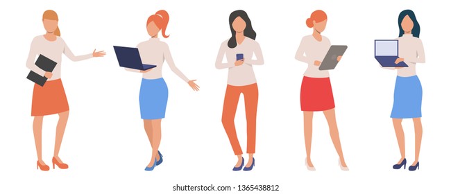 Set of businesswomen holding meetings. Flat cartoon lady characters in formalwear using gadgets. Vector illustration can be used for presentation, education, speaker