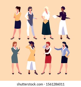 set of businesswomen with various views, poses and gestures vector illustration design