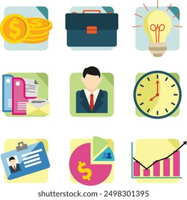 Set of Bussines flat icon that contain currency, bag, idea, stationery, bussines man, clock, i card, growth 