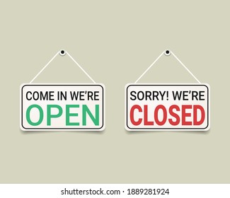 Set of bussiness hanging signboard, we're open and closed. Illustration vector