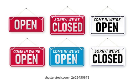 Set of bussiness hanging signboard, we're open and closed. Closed and open. Red sign Sorry we are closed for holidays, with shadow isolated on red background. Vector