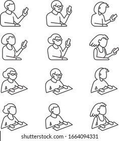 Set of people’s bust in isometric projection as users with gadgets in line style