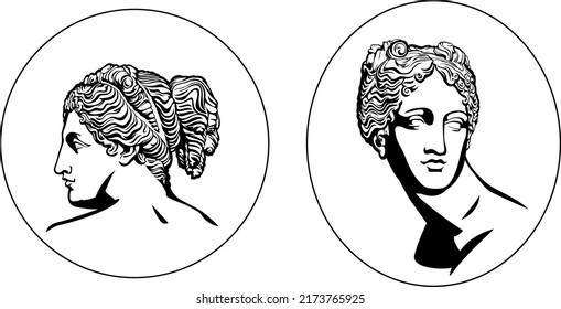 Set of Bust of Venus de Milo. Aphrodite - goddess of love. Vector drawing. Antique collection.