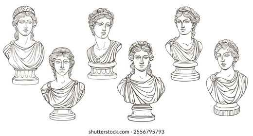 Set of busts of Antique Grecian women's sculptures. Ancient greek Goddesses, Muses, Nymphs. Isolated line vector illustration.