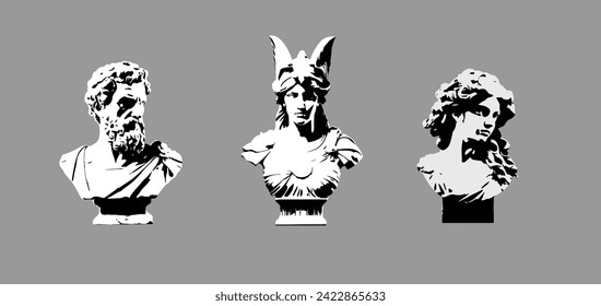 Set busts Greek, Rome , ancient gods. Vector black and white design.