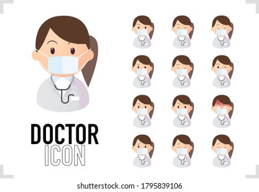 Set of bust-up icon of female doctor