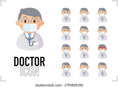 Set of bust-up icon of male doctor