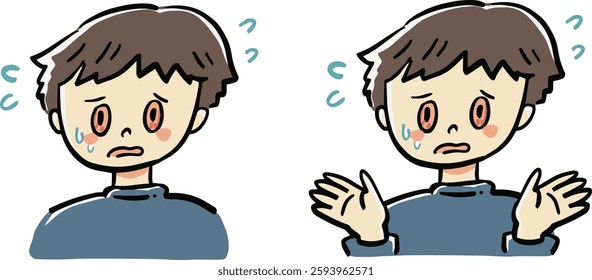 A set of bust-up illustrations of a man perplexed by eye redness.