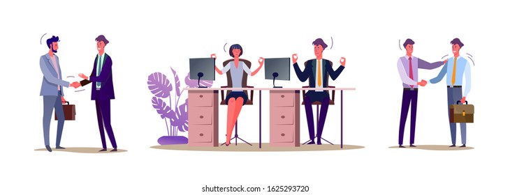 Set of busy people communicating with each other. Flat vector illustrations of men and women being at office. Partnership and office environment concept for banner, website design or landing web page