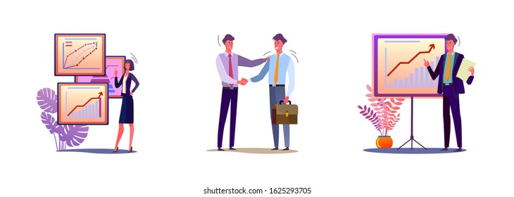 Set of busy people giving presentations. Flat vector illustrations of men and women in suits at meeting making deals. Deals and public speaking concept for banner, website design or landing web page