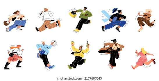 Set of busy people late. Young men and women entrepreneurs hurrying, quickly run to work or meeting and do business on go. Time management. Cartoon flat vector collection isolated on white background