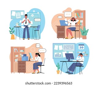 Set of busy people. Office workers with fatigue and headache work on business tasks. Overworked men and women with emotional burnout. Cartoon flat vector collection isolated on white background