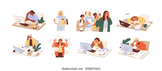Set of busy people in stress and fatigue at work. Employees overloaded with business tasks. Office workers in anger and anxiety. Burnout concept. Flat graphic vector illustration isolated on white