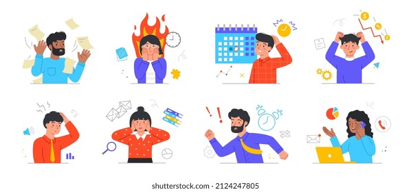 Set of busy people in stress and fatigue at work. Men and women get tired because of business problems, lot of work and short deadlines. Cartoon flat vector collection isolated on white background