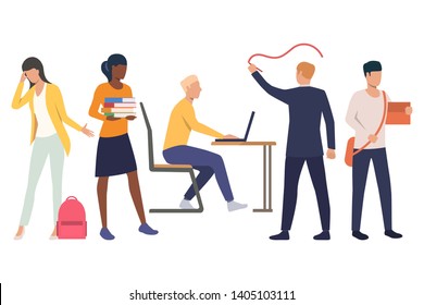 Set of busy students in university. Male and female students in various positions. Vector illustration can be used for presentation, article, educational promo