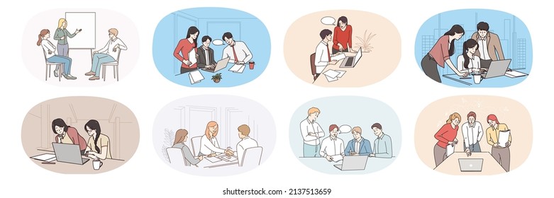 Un conjunto de empleados de oficina exitosos y ocupados cooperan juntos en la reunión. Colección de tormentas de empresarios discuten ideas en la reunión de información. Trabajo en equipo. Ilustración vectorial. 