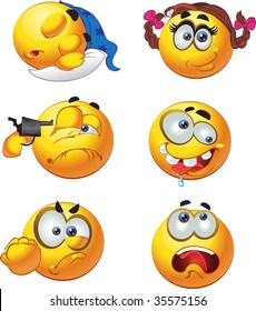 set of butch fun round emotion smiles character - selfkiller, sleepy, girl, crazy, fighting