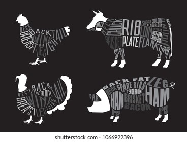 Set of  butcher diagrams. Cut of pig, chicken, turkey, cow set. Typographic vintage vector illustration