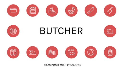 Set of butcher icons such as Minced meat, Sausage, Mincer, Chicken, Smoked sausage, Cleaver, Mutton , butcher