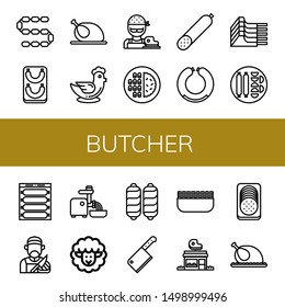 Set of butcher icons such as Sausage, Chicken, Butcher, Meat, Smoked sausage, Mutton, Mincer, Lamb, Cleaver, Minced meat, Butcher shop ,