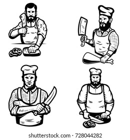 Set of butcher illustrations on white background. Design elements for logo, label, emblem, sign. Vector illustration