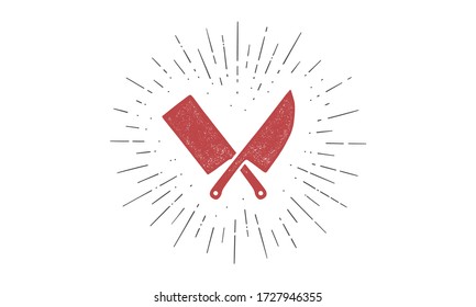Set of butcher knives icons. Silhouette two butcher knives - Cleaver and Chef Knives and sunburst. Logo template for meat business - farmer shop, market, butchery or design. Vector Illustration