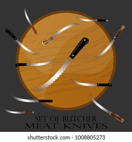 Set of butcher meat knives for butcher shop, Vintage typographic hand-drawn. Meat cutting knives, Cutlery icon set vector realistic kitchen knives isolated, Vector illustration.