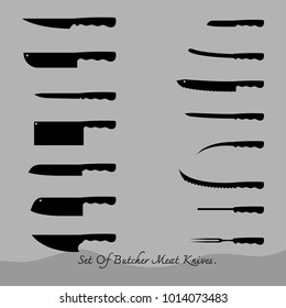 Set of butcher meat knives for butcher shop, Vintage typographic hand-drawn. Meat cutting knives, Cutlery icon set vector kitchen knives isolated, Vector illustration.