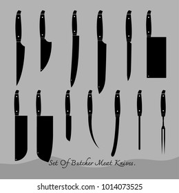 Set of butcher meat knives for butcher shop, Vintage typographic hand-drawn. Meat cutting knives, Cutlery icon set vector kitchen knives isolated, Vector illustration.