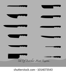 Set of butcher meat knives for butcher shop, Vintage typographic hand-drawn. Meat cutting knives, Cutlery icon set vector kitchen knives isolated, Vector illustration.