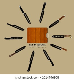 Set of butcher meat knives for butcher shop, Vintage typographic hand-drawn. Meat cutting knives, Cutlery icon set vector realistic kitchen knives isolated, Vector illustration.