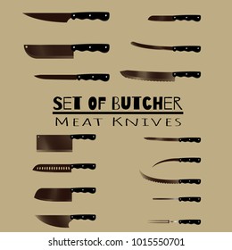 Set of butcher meat knives for butcher shop, Vintage typographic hand-drawn. Meat cutting knives, Cutlery icon set vector realistic kitchen knives isolated, Vector illustration.
