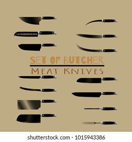 Set of butcher meat knives for butcher shop, Vintage typographic hand-drawn. Meat cutting knives, Cutlery icon set vector realistic kitchen knives isolated, Vector illustration.