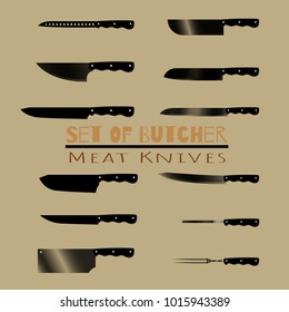 Set of butcher meat knives for butcher shop, Vintage typographic hand-drawn. Meat cutting knives, Cutlery icon set vector realistic kitchen knives isolated, Vector illustration.