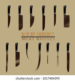 Set of butcher meat knives for butcher shop, Vintage typographic hand-drawn. Meat cutting knives, Cutlery icon set vector realistic kitchen knives isolated, Vector illustration.