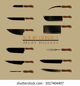 Set of butcher meat knives for butcher shop, Vintage typographic hand-drawn. Meat cutting knives, Cutlery icon set vector realistic kitchen knives isolated, Vector illustration.