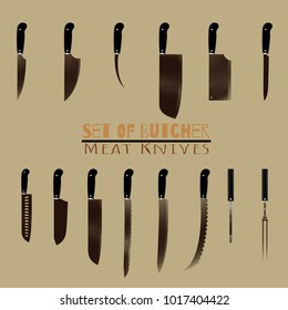 Set of butcher meat knives for butcher shop, Vintage typographic hand-drawn. Meat cutting knives, Cutlery icon set vector realistic kitchen knives isolated, Vector illustration.