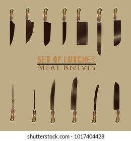 Set of butcher meat knives for butcher shop, Vintage typographic hand-drawn. Meat cutting knives, Cutlery icon set vector realistic kitchen knives isolated, Vector illustration.