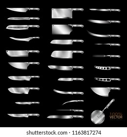 Set of butcher meat knives for butcher shop, Vintage hand-drawn. Meat cutting knives, Cutlery icon set vector realistic kitchen knives isolated, Vector illustration. 