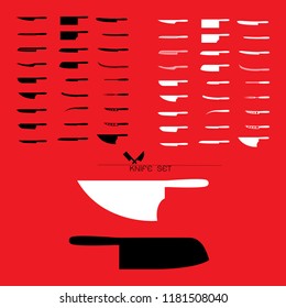 Set of butcher meat knives for butcher shop on red background,  Meat cutting knives, Cutlery icon set vector realistic kitchen knives isolated, Vector illustration.  