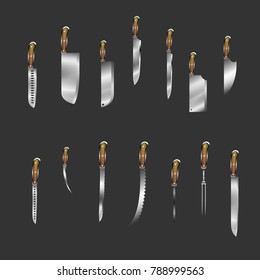 Set of butcher meat knives for butcher shop, Vintage typographic hand-drawn. Meat cutting knives, Cutlery icon set - vector realistic kitchen knives isolated,
Vector illustration
