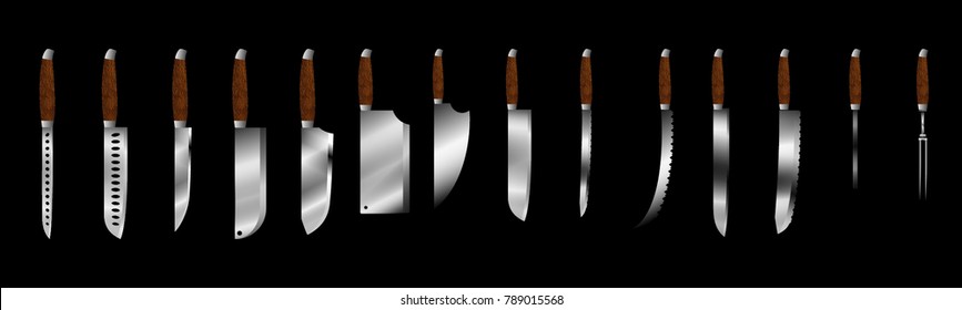 Set of butcher meat knives for butcher shop, Vintage typographic hand-drawn. Meat cutting knives, Cutlery icon set - vector realistic kitchen knives isolated,
Vector illustration
