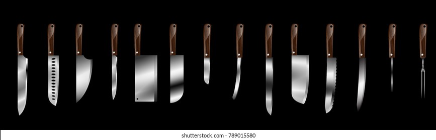 Set of butcher meat knives for butcher shop, Vintage typographic hand-drawn. Meat cutting knives, Cutlery icon set - vector realistic kitchen knives isolated,
Vector illustration
