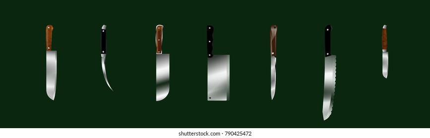 Set of butcher meat knives for butcher shop, Vintage typographic hand-drawn. Meat cutting knives, Cutlery icon set - vector realistic kitchen knives isolated,
Vector illustration.
