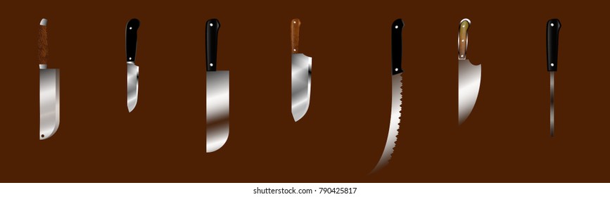 Set of butcher meat knives for butcher shop, Vintage typographic hand-drawn. Meat cutting knives, Cutlery icon set - vector realistic kitchen knives isolated,
Vector illustration.
