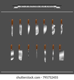 Set of butcher meat knives for butcher shop, Vintage typographic hand-drawn. Meat cutting knives, Cutlery icon set vector realistic kitchen knives isolated, Vector illustration.