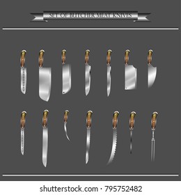 Set of butcher meat knives for butcher shop, Vintage typographic hand-drawn. Meat cutting knives, Cutlery icon set vector realistic kitchen knives isolated, Vector illustration.
