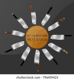 Set of butcher meat knives for butcher shop, Vintage typographic hand-drawn. Meat cutting knives, Cutlery icon set vector realistic kitchen knives isolated, Vector illustration.